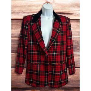 Vintage Sag Harbor Tartan Plaid Jacket Women's Sz 6P Red Blazer Velvet Collar